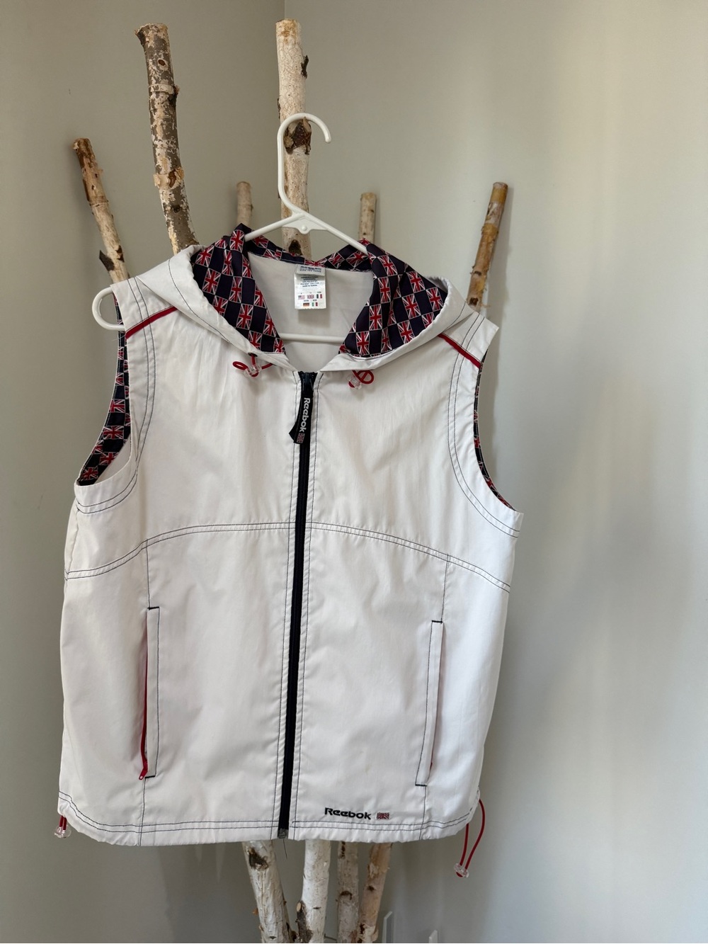 Reebok White Hooded Vest with Navy & Red Accents